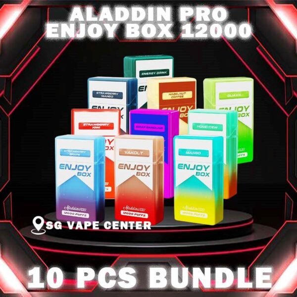 10PCS ALADDIN PRO ENJOY BOX 12000 BUNDLE - SG VAPE CENTER SINGAPORE The 10PCS ALADDIN PRO ENJOY BOX 12000 BUNDLE Package include : Choose 10 Pcs of ALADDIN ENJOY BOX 12K Puffs with amazing price ! Free Gift x1 FREE DELIVERY The Aladdin enjoy box 12000 puffs Ready stock in our sg singapore store online shop for same day delivery. Discover the latest Aladdin Pro Enjoy 12000 Puffs Disposable ! Design in a sleek cigarette-box-style design with a cap for mouthpiece protection! Enjoy 15 delightful flavors with 12K smooth puffs, each bursting with sweet perfection! The Aladdin Pro 12k New Vape in our Vape Singapore Ready Stock , get it now with us and same day delivery ! Enjoy delicious vaping experience . Specification : Nicotine : 50mg (5%) Approx : 12000 puffs Rechargeable Battery 650mAh Charging Port: Type-C ⚠️ALADDIN PRO ENJOY BOX 12000 FLAVOUR LINE UP⚠️ Energy Drink Guava Hazelnut Coffee Strawberry Mango Honeydew Sirap Bandung Strawberry Blackcurrant Mango Strawberry Kiwi Yakult Strawberry Grape Double Mango Candy Honeydew Yakult Mango Yakult Mango Peach Sour Bubblegum Solero Lime Gummy Bear Grape Lychee Grape Bubblegum Mixed Bubblegum Mango Bubblegum Sakura Grape Strawberry Bubblegum Solero Yakult Solero Ice Cream White Coffee SG VAPE COD SAME DAY DELIVERY , CASH ON DELIVERY ONLY. TAKE BULK ORDER /MORE ORDER PLS CONTACT ME :  SGVAPECENTER VIEW OUR DAILY NEWS INFORMATION VAPE : TELEGRAM CHANNEL