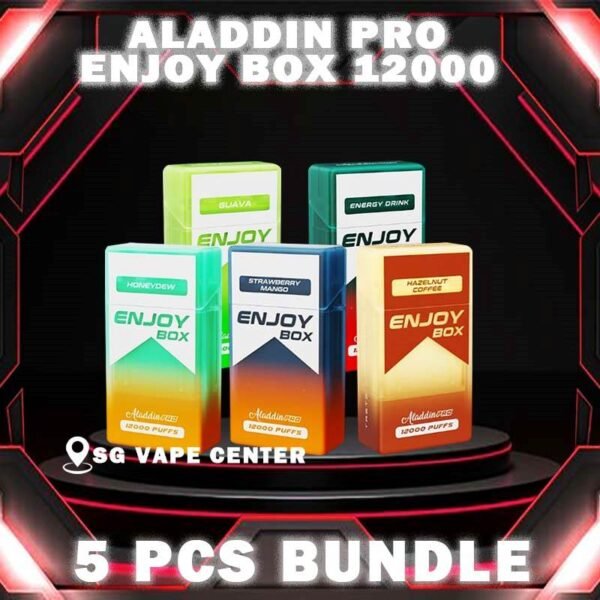 5PCS ALADDIN PRO ENJOY BOX 12000 BUNDLE - SG VAPE CENTER SINGAPORE The 5PCS ALADDIN PRO ENJOY BOX 12000 BUNDLE Package include : Choose 5 Pcs of ALADDIN ENJOY BOX 12K Puffs with amazing price ! Free Gift x1 FREE DELIVERY The Aladdin enjoy box 12000 puffs Ready stock in our sg singapore store online shop for same day delivery. Discover the latest Aladdin Pro Enjoy 12000 Puffs Disposable ! Design in a sleek cigarette-box-style design with a cap for mouthpiece protection! Enjoy 15 delightful flavors with 12K smooth puffs, each bursting with sweet perfection! The Aladdin Pro 12k New Vape in our Vape Singapore Ready Stock , get it now with us and same day delivery ! Enjoy delicious vaping experience . Specification : Nicotine : 50mg (5%) Approx : 12000 puffs Rechargeable Battery 650mAh Charging Port: Type-C ⚠️ALADDIN PRO ENJOY BOX 12000 FLAVOUR LINE UP⚠️ Energy Drink Guava Hazelnut Coffee Strawberry Mango Honeydew Sirap Bandung Strawberry Blackcurrant Mango Strawberry Kiwi Yakult Strawberry Grape Double Mango Candy Honeydew Yakult Mango Yakult Mango Peach Sour Bubblegum Solero Lime Gummy Bear Grape Lychee Grape Bubblegum Mixed Bubblegum Mango Bubblegum Sakura Grape Strawberry Bubblegum Solero Yakult Solero Ice Cream White Coffee SG VAPE COD SAME DAY DELIVERY , CASH ON DELIVERY ONLY. TAKE BULK ORDER /MORE ORDER PLS CONTACT ME :  SGVAPECENTER VIEW OUR DAILY NEWS INFORMATION VAPE : TELEGRAM CHANNEL