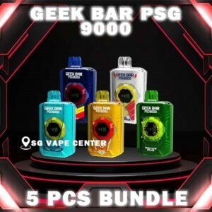 5PCS GEEK BAR PSG 9000 DISPOSABLE BUNDLE - SG VAPE CENTER SINGAPORE The 5PCS GEEK BAR 9000 DISPOSABLE BUNDLE Package include : Choose 5 Pcs of GEEK BAR 9K Puffs with amazing price ! Free Gift x1 FREE DELIVERY The Geek Bar Psg 9000 Puffs Vape Ready stock in our sg singapore store online shop for same day delivery. Unleash the power of vaping with the GEEKBAR 9000 Puffs Disposable Pod. Experience an astounding capacity of up to 9K puffs, ensuring prolonged enjoyment without the hassle of frequent replacements. Embrace the convenience of its Type C Rechargeable feature, allowing you to recharge and savor your favorite flavors at your convenience. Stay in control and never miss a beat with the Smart Screen Indicator, keeping you updated on both battery and e-liquid levels in real-time. With Adjustable Airflow, tailor your vaping experience to perfection, delivering smooth and flavorful clouds that suit your unique preferences. Elevate your vaping journey today and enjoy unmatched performance, convenience, and satisfaction with the GEEKBAR! Specification : Nicotine Strength: 5% Adjustable Airflow Type-C Rechargeable Smart Screen Indicator for Battery ⚠️GEEK BAR PSG 9000 FLAVOUR LINE UP⚠️ Chocolate Mocha Classic Double Rootbeer Grape Blackcurrant Mango Blackcurrant Mixed Berries Sirup Bandung Strawberry Watermelon Triple Mango Vanilla Cream Puff Watermelon Pear Apple Asam Boi Dewberry Cream Ice Popsicle Juicy Watermelon Honeydew Melon Mango Pineapple Mother’s Milk Strawberry Lemonade Wild Berry Ice Pomegranate Plum Lychee Berry Pineapple Honeydew SG VAPE COD SAME DAY DELIVERY , CASH ON DELIVERY ONLY. TAKE BULK ORDER /MORE ORDER PLS CONTACT ME :  SGVAPECENTER VIEW OUR DAILY NEWS INFORMATION VAPE : TELEGRAM CHANNEL