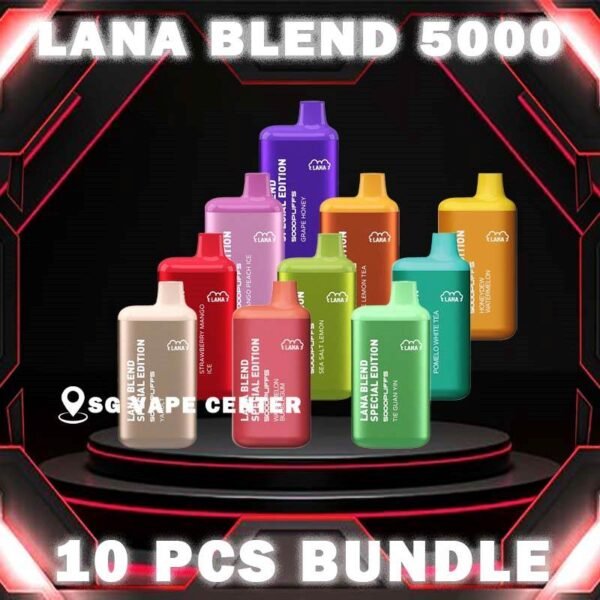 10PCS LANA BLEND 5000 DISPOSABLE BUNDLE - SG VAPE CENTER SINGAPORE The 10PCS LANA BLEND 5000 DISPOSABLE BUNDLE Package include : Choose 10 Pcs of LANA BLEND  5K Puffs with amazing price ! Free Gift x1 FREE DELIVERY Lana Blend Special 5000 Puffs Disposable Vape Ready stock in our sg singapore store online shop for same day delivery. This Kit is a compact and stylish vape kit that offers a convenient and satisfying vaping experience, it is perfect for those who prefer a simple yet stylish look. One of the standout features of the Lanabar 5000 is its flavor options. The device offers a range of flavors to choose from, each with its own unique taste profile. The flavors are well-balanced and do not contain any harsh or irritant ingredients, making for a smooth and enjoyable vaping experience. Whether you prefer sweet, fruity, or menthol flavors, the the Lanabar 5000 has something for everyone. Another advantage of the the Lanabar 5000 is its size and portability. Specification : Puffs : 5000 Nicotine : 3% Battery Capacity : 650mAh Rechargeable E-liquid Capacity : 7ml ⚠️LANA BLEND 5000 FLAVOUR LINE UP⚠️ Aloe Yogurt Chrysanthemum Tea Double Mint Grape Apple Ice Grape Bubblegum Grape Honey Ice Lemon Tea Mango Peach Ice Sea Salt Lemon Strawberry Mango Ice Tie Guan Yin Yakult Watermelon Bubblegum Honeydew Watermelon Pomelo White Tea SG VAPE COD SAME DAY DELIVERY , CASH ON DELIVERY ONLY. TAKE BULK ORDER /MORE ORDER PLS CONTACT ME :  SGVAPECENTER VIEW OUR DAILY NEWS INFORMATION VAPE : TELEGRAM CHANNEL