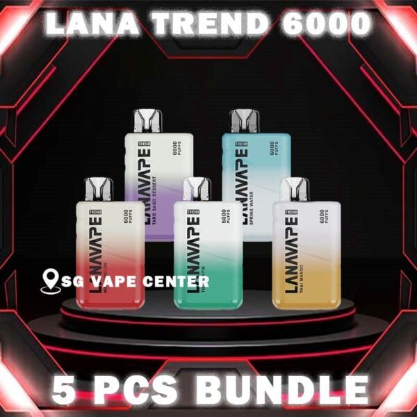 5PCS LANA TREND 6000 DISPOSABLE BUNDLE - SG VAPE CENTER SINGAPORE The 5PCS LANA TREND 6000 DISPOSABLE BUNDLE Package include : Choose 5 Pcs of LANA 6K Puffs with amazing price ! Free Gift x1 FREE DELIVERY The Lana Trend 6000 / 6k Puffs Disposable Vape Ready stock in our sg singapore store online shop for same day delivery. This kit goes the extra mile, Powered by a 500mAh battery,  offering an impressive 6000 puffs on a single charge. Big farewell to the inconvenience of frequent recharges, and relish uninterrupted vaping throughout your day. Prepare for a thrilling experience with Lanavape. It's like a bolt of energy in a vape, infusing the sharp vigor of an energy drink with  the delightful twist of mixed berries. Every puff is a bold and electrifying journey for those who seek an exhilarating vape. As an added bonus, the the Lana Trend comes preloaded with salt nicotine e-liquid.  This means you'll enjoy a smoother throat hit compared to freebase nicotine, and your nicotine cravings will be swiftly met,  thanks to its rapid absorption by the body. Specification : Nicotine (30mg) 3% Approx. 6000 Puffs Capacity 8ml Rechargeable Battery 550mAh Charging Port: Type-C ⚠️LANA TREND 6000 FLAVOUR LINE UP⚠️ Classic Tobacco Grape Guava Ice Lemon Tea Lychee Menthol Ice Peach Pomelo Jasmine Root Beer Sakura Yogurt Spring Water Taro Sago Dessert Thai Mango Tieguanyin Watermelon SG VAPE COD SAME DAY DELIVERY , CASH ON DELIVERY ONLY. TAKE BULK ORDER /MORE ORDER PLS CONTACT ME :  SGVAPECENTER VIEW OUR DAILY NEWS INFORMATION VAPE : TELEGRAM CHANNEL